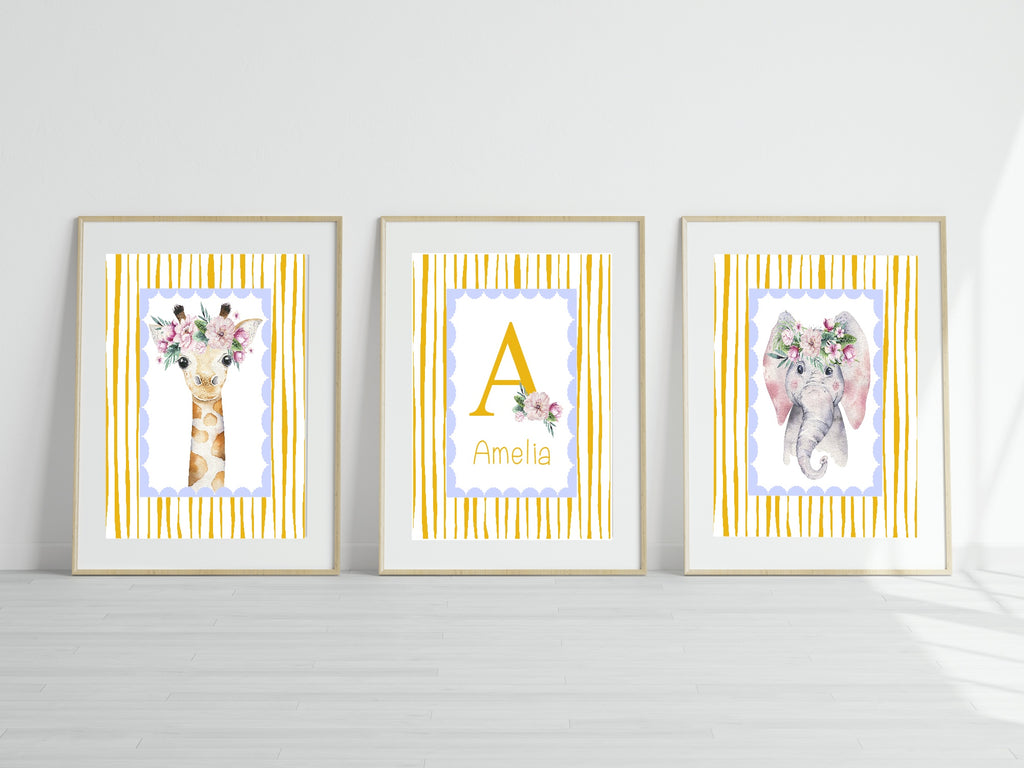 Personalised Set Of 3 Emmie Elephant & Gillie Giraffe Wall Art Prints | Baby Yellow & Blue Kids Animal Posters