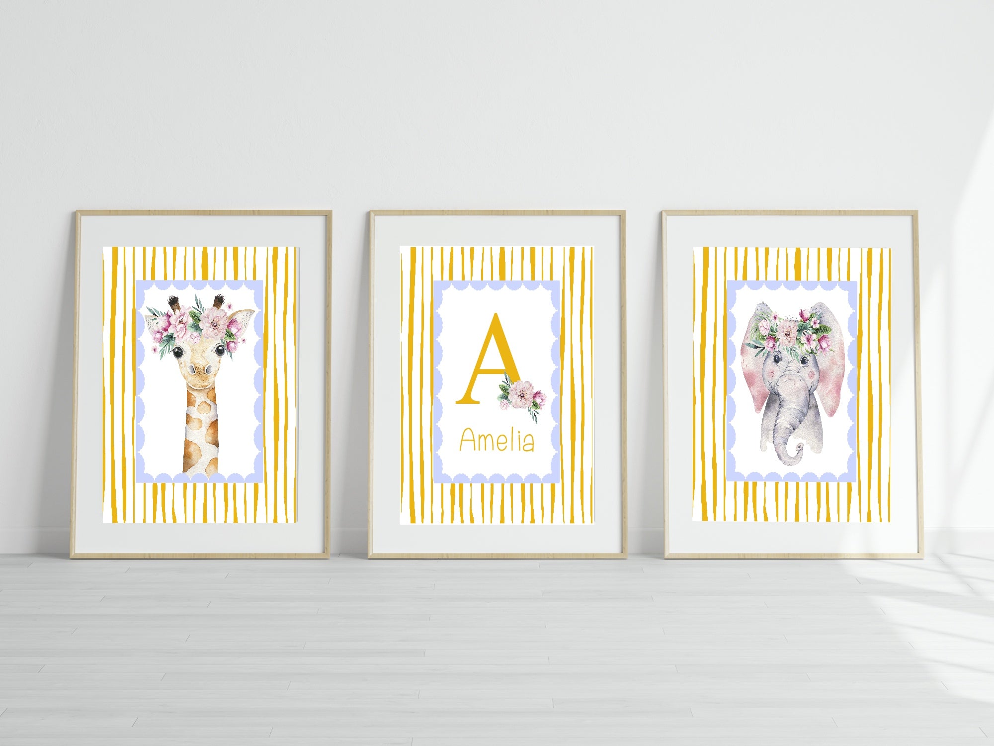 Personalised Set Of 3 Emmie Elephant & Gillie Giraffe Wall Art Prints | Baby Yellow & Blue Kids Animal Posters