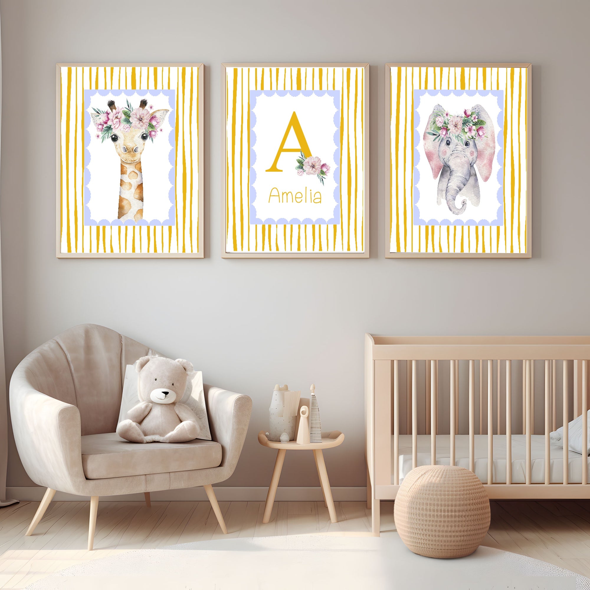 Personalised Set Of 3 Emmie Elephant & Gillie Giraffe Wall Art Prints | Baby Yellow & Blue Kids Animal Posters