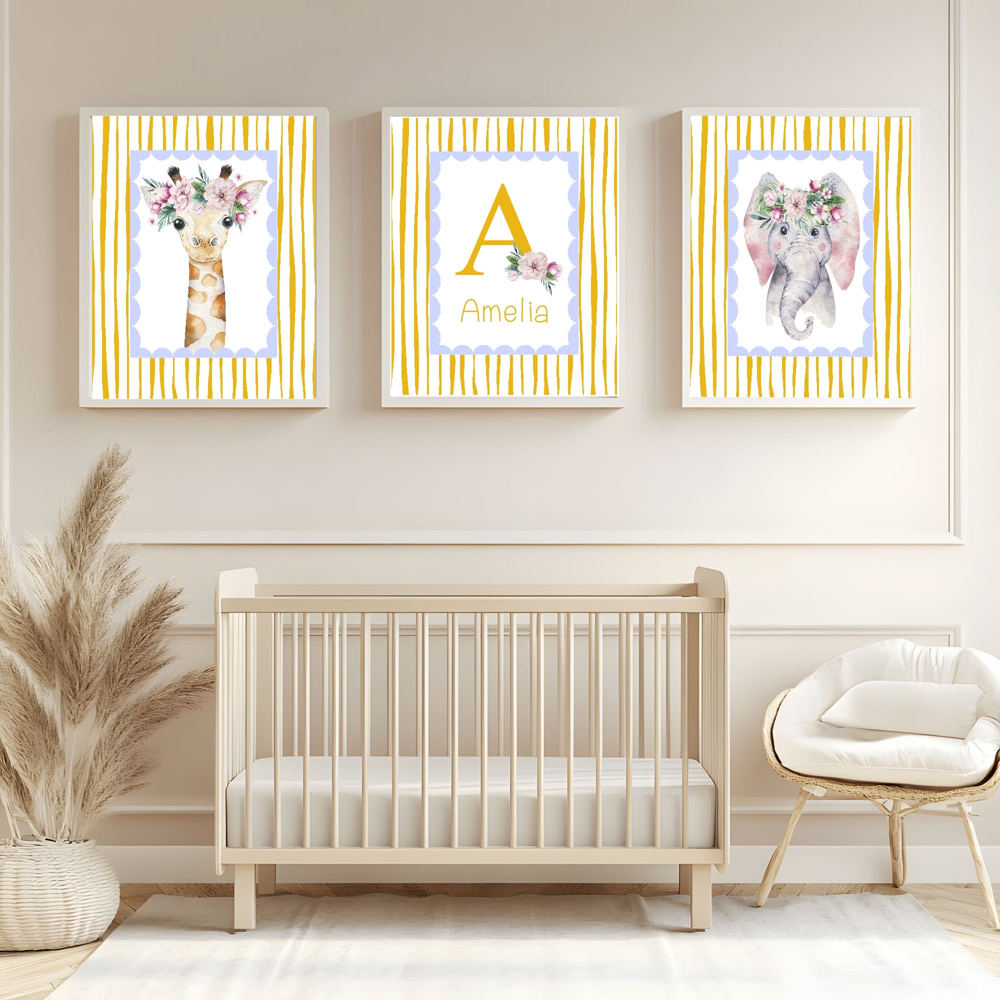 Personalised Set Of 3 Emmie Elephant & Gillie Giraffe Wall Art Prints | Baby Yellow & Blue Kids Animal Posters