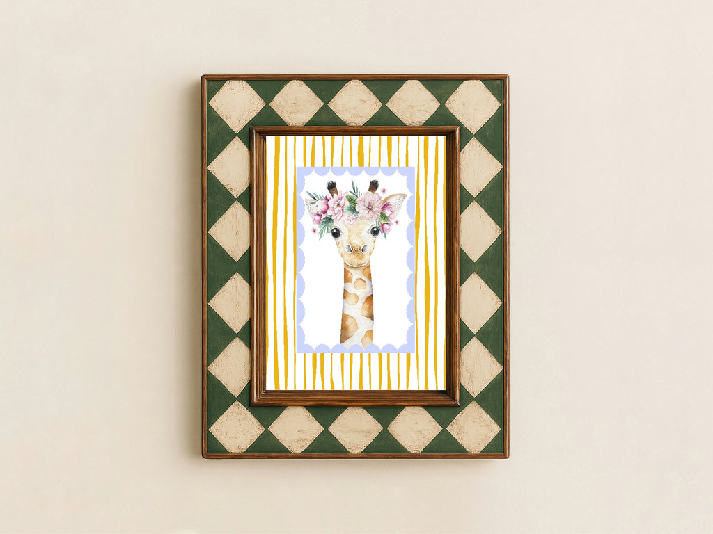 Personalised Set Of 3 Emmie Elephant & Gillie Giraffe Wall Art Prints | Baby Yellow & Blue Kids Animal Posters