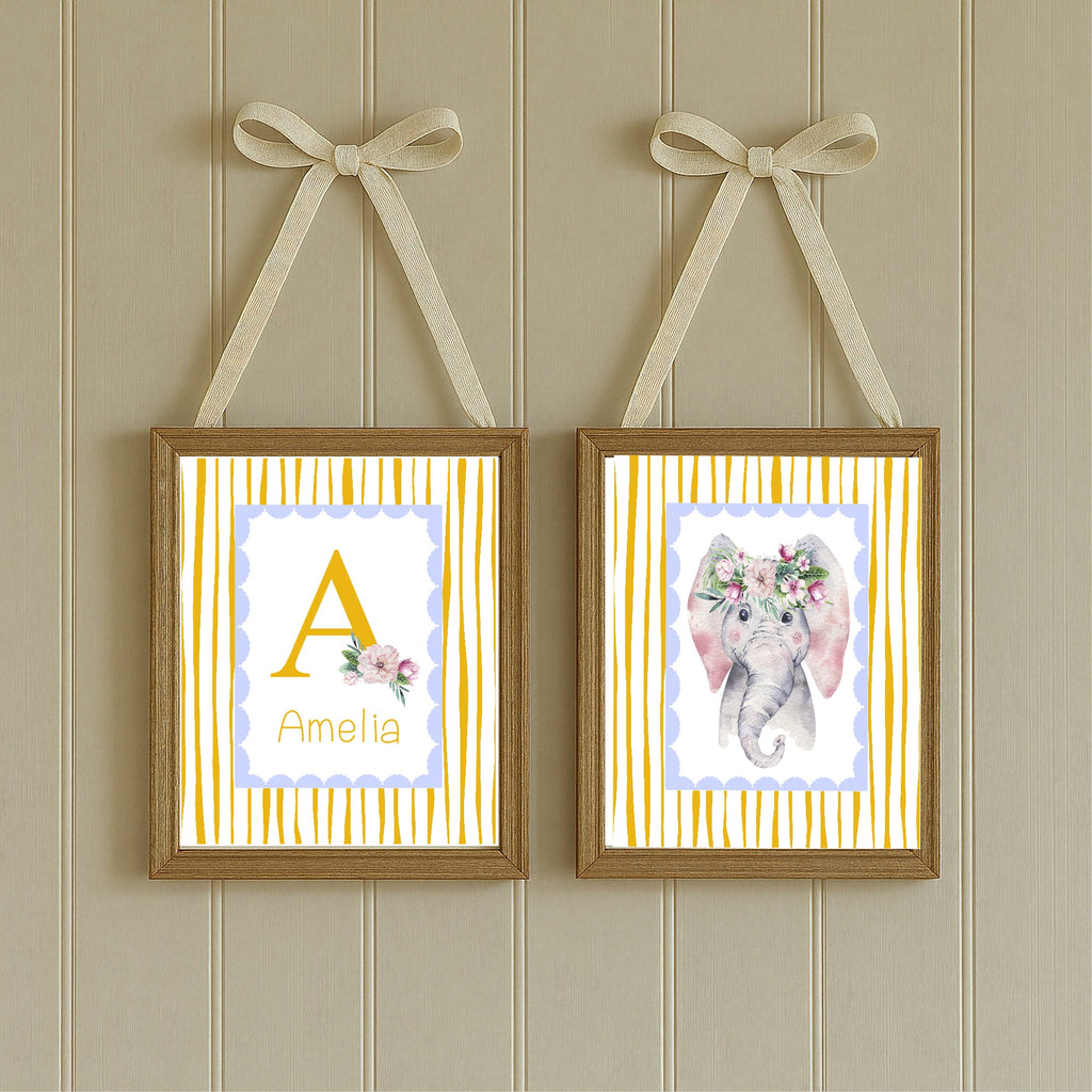 Personalised Set Of 3 Emmie Elephant & Gillie Giraffe Wall Art Prints | Baby Yellow & Blue Kids Animal Posters