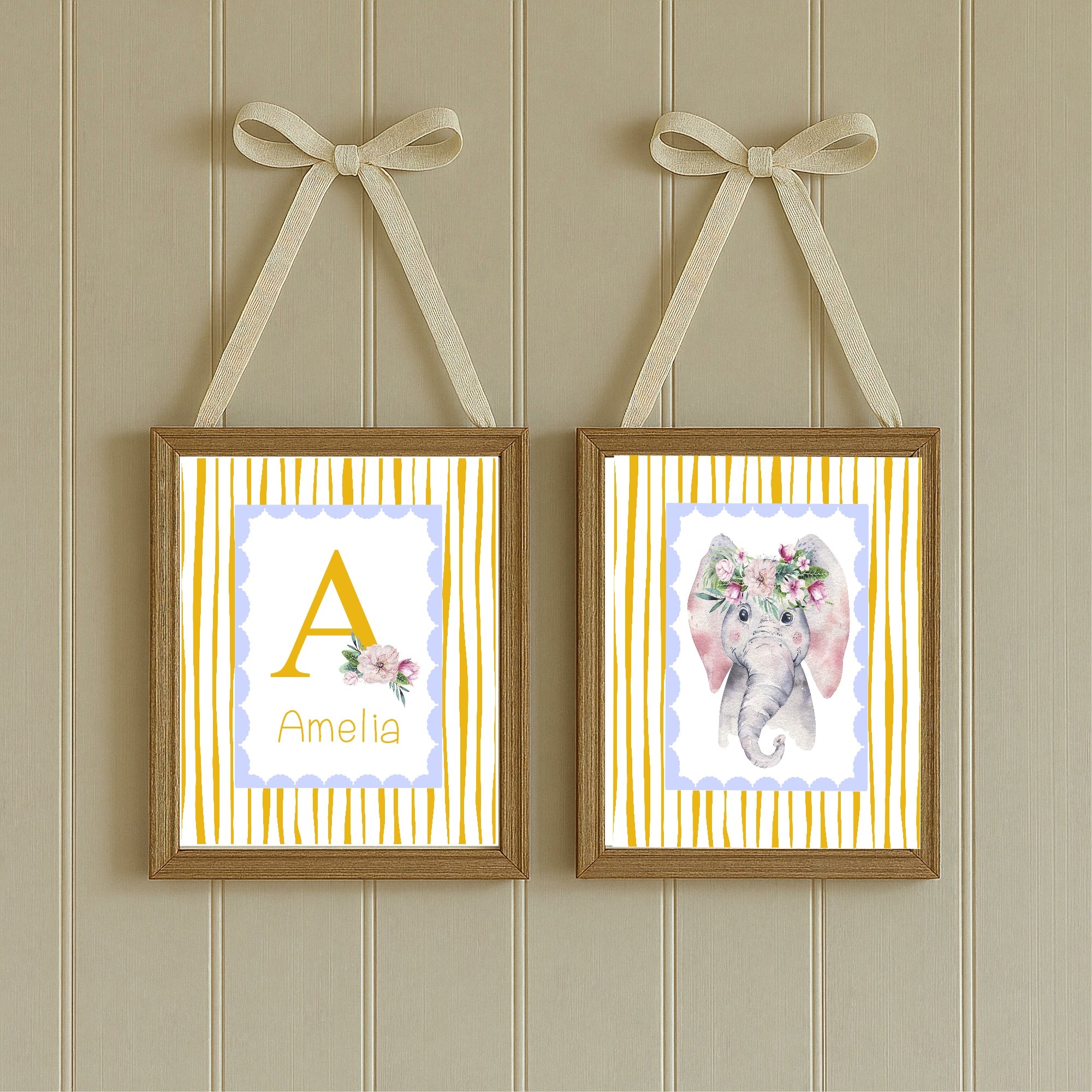 Personalised Set Of 3 Emmie Elephant & Gillie Giraffe Wall Art Prints | Baby Yellow & Blue Kids Animal Posters