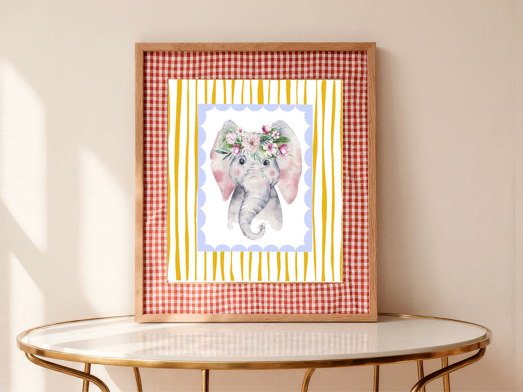 Personalised Set Of 3 Emmie Elephant & Gillie Giraffe Wall Art Prints | Baby Yellow & Blue Kids Animal Posters