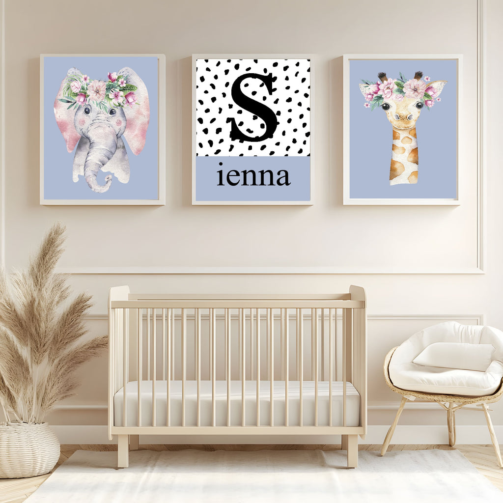 Personalised Set Of 3 Emmie Elephant & Gillie Giraffe Wall Art Prints | Baby Blue Kids Animal Posters