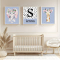 Personalised Set Of 3 Emmie Elephant & Gillie Giraffe Wall Art Prints | Baby Blue Kids Animal Posters