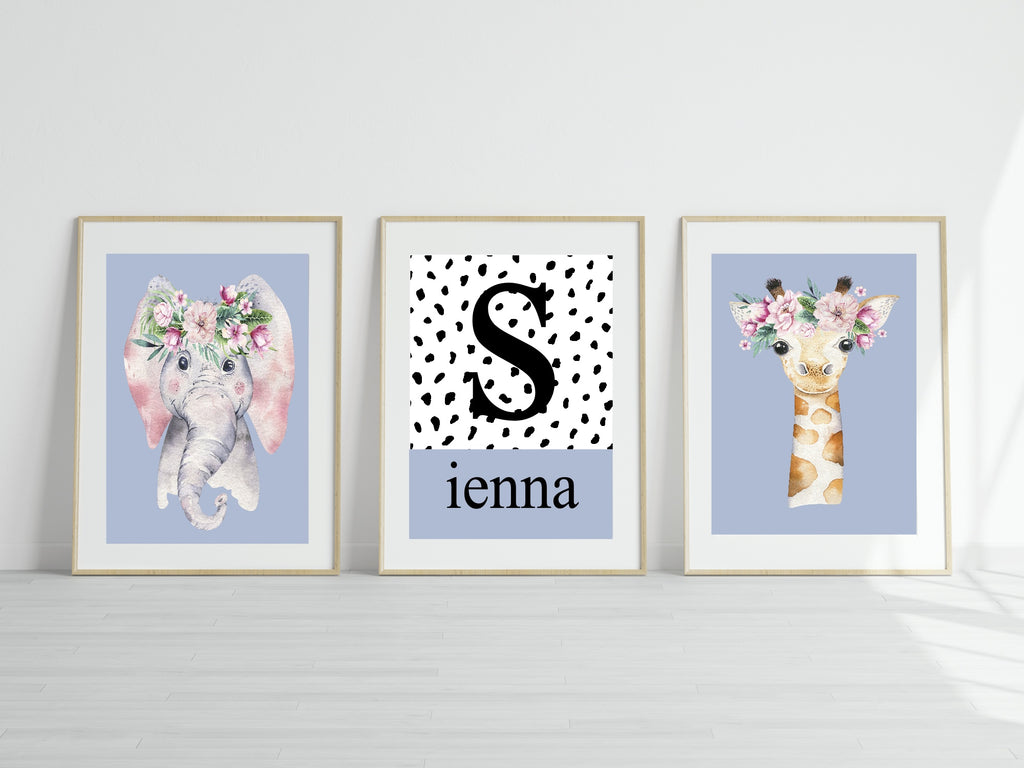 Personalised Set Of 3 Emmie Elephant & Gillie Giraffe Wall Art Prints | Baby Blue Kids Animal Posters