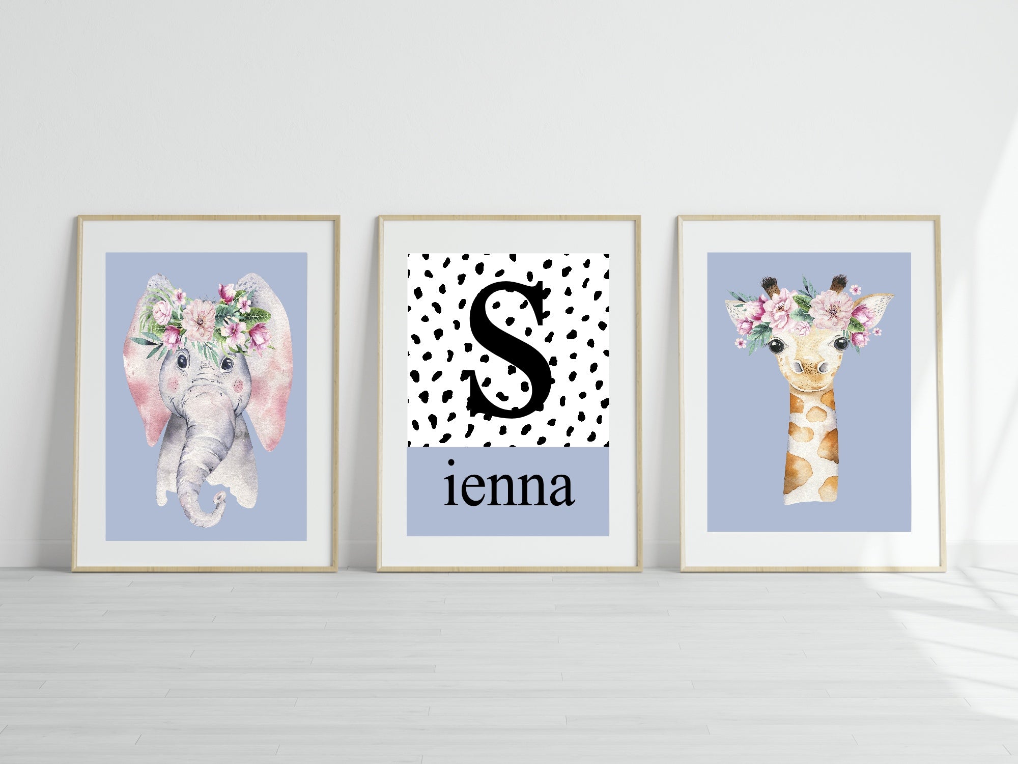 Personalised Set Of 3 Emmie Elephant & Gillie Giraffe Wall Art Prints | Baby Blue Kids Animal Posters