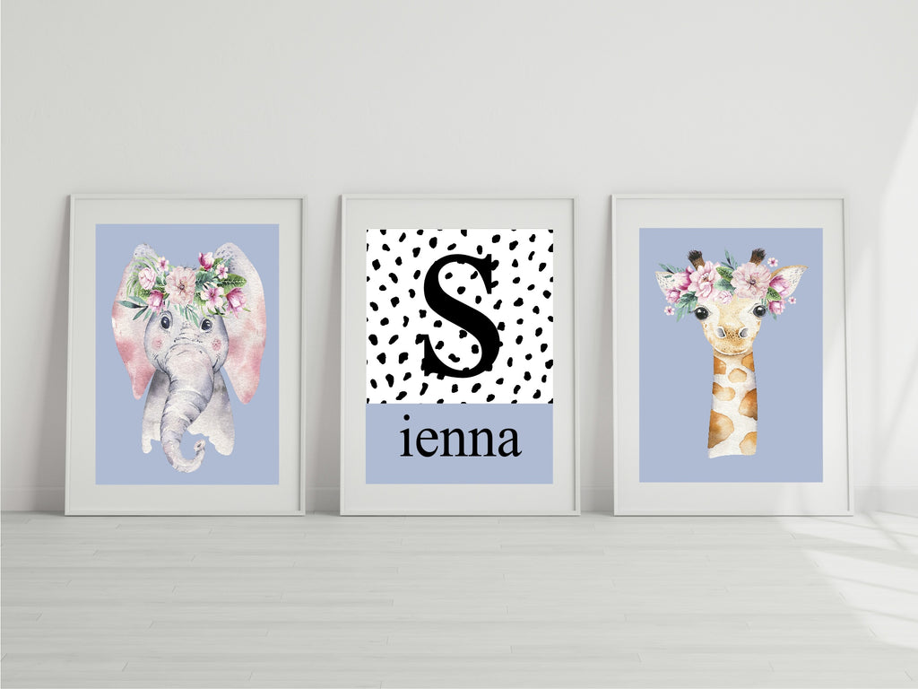 Personalised Set Of 3 Emmie Elephant & Gillie Giraffe Wall Art Prints | Baby Blue Kids Animal Posters