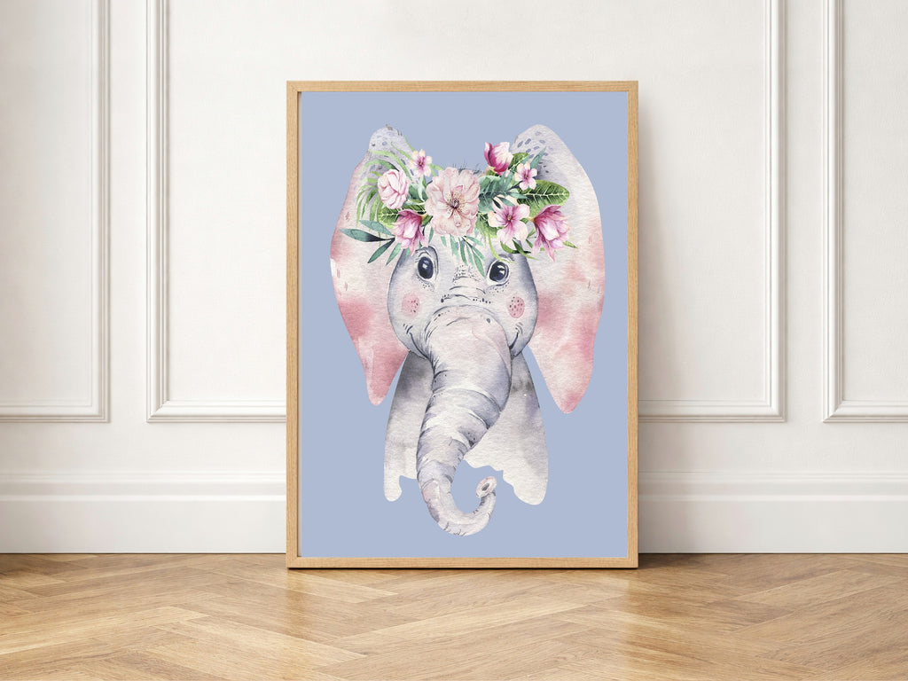 Personalised Set Of 3 Emmie Elephant & Gillie Giraffe Wall Art Prints | Baby Blue Kids Animal Posters