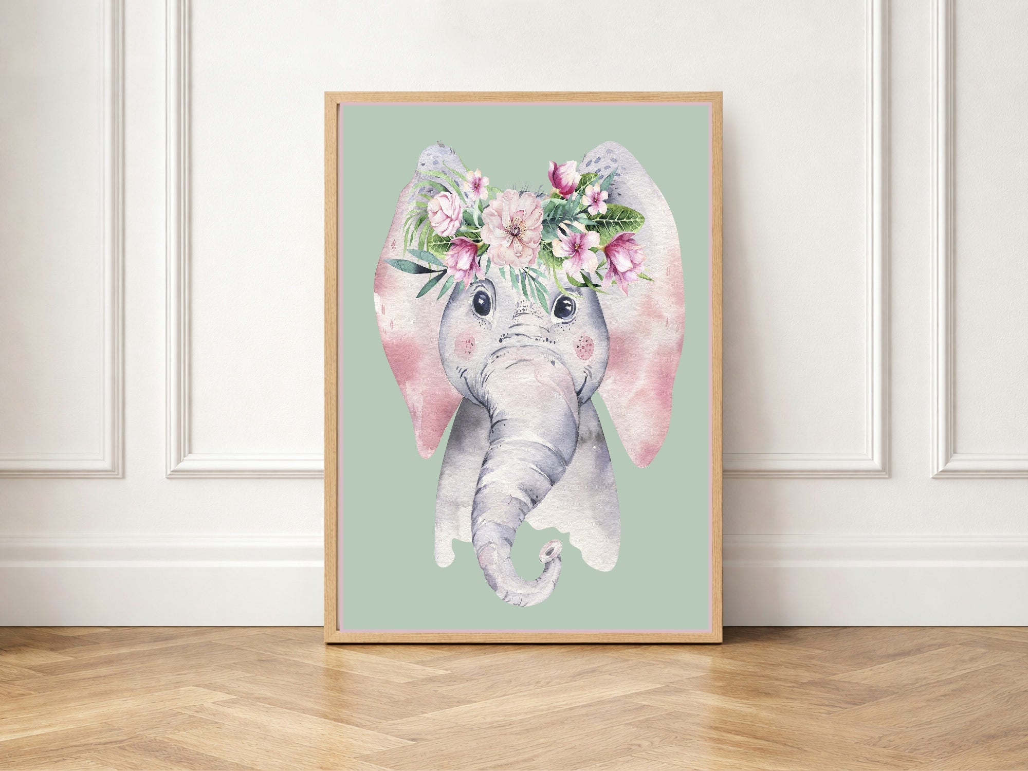 Personalised Set Of 3 Emmie Elephant & Gillie Giraffe Wall Art Prints | Mint Green Kids Animal Posters