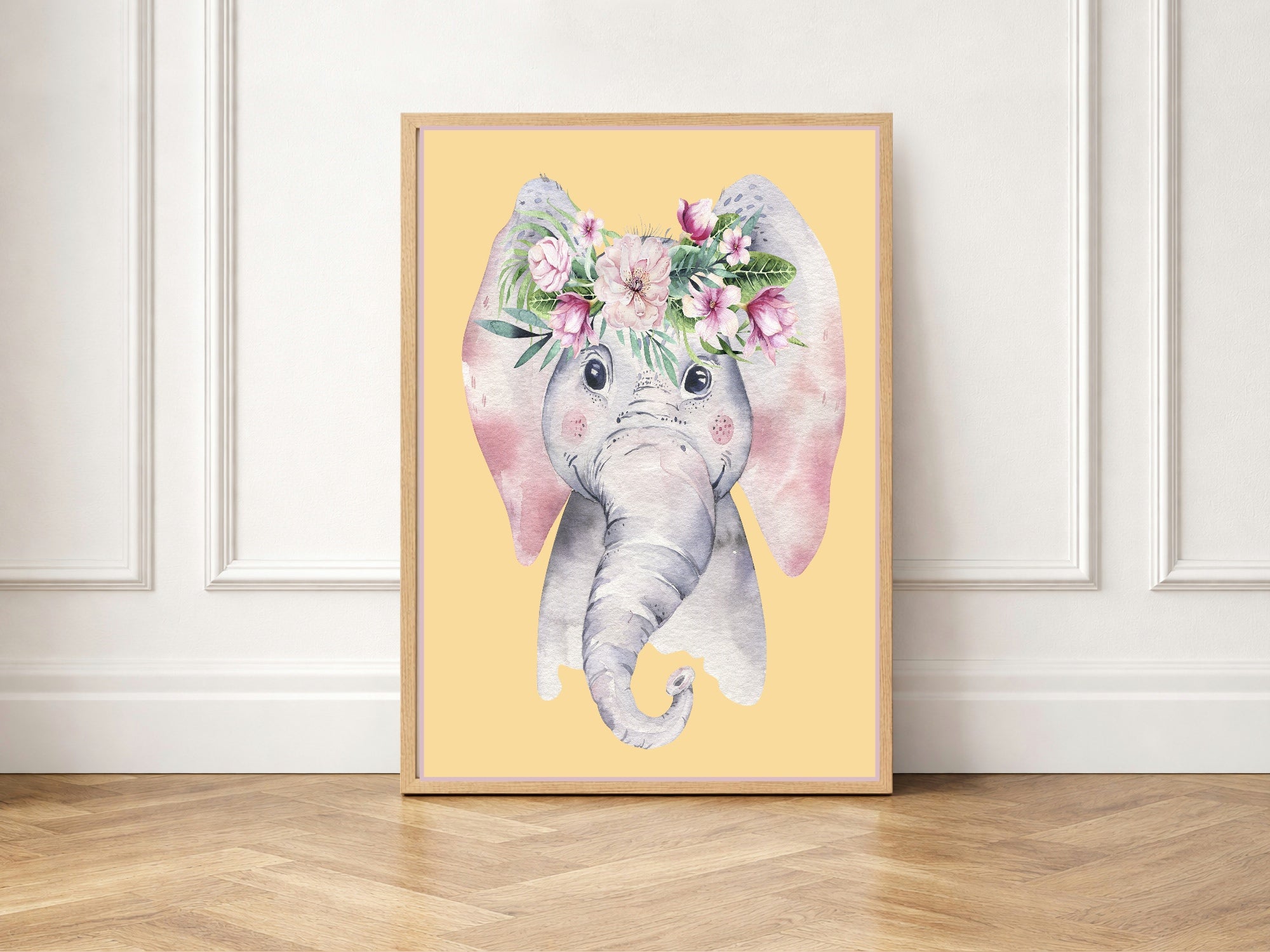 Personalised Set Of 3 Emmie Elephant & Gillie Giraffe Wall Art Prints | Baby Pink Kids Animal Posters