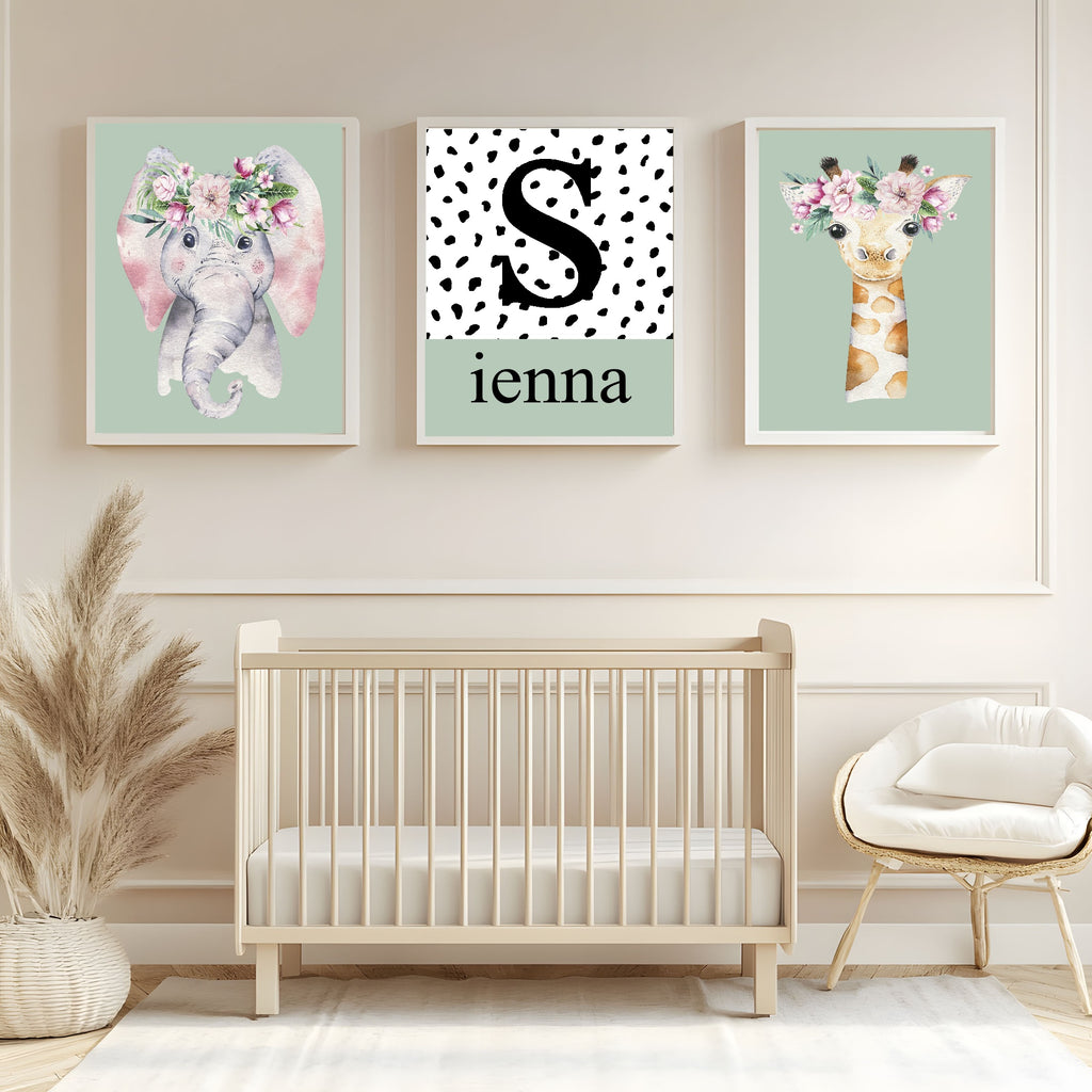 Personalised Set Of 3 Emmie Elephant & Gillie Giraffe Wall Art Prints | Mint Green Kids Animal Posters
