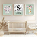 Personalised Set Of 3 Emmie Elephant & Gillie Giraffe Wall Art Prints | Mint Green Kids Animal Posters