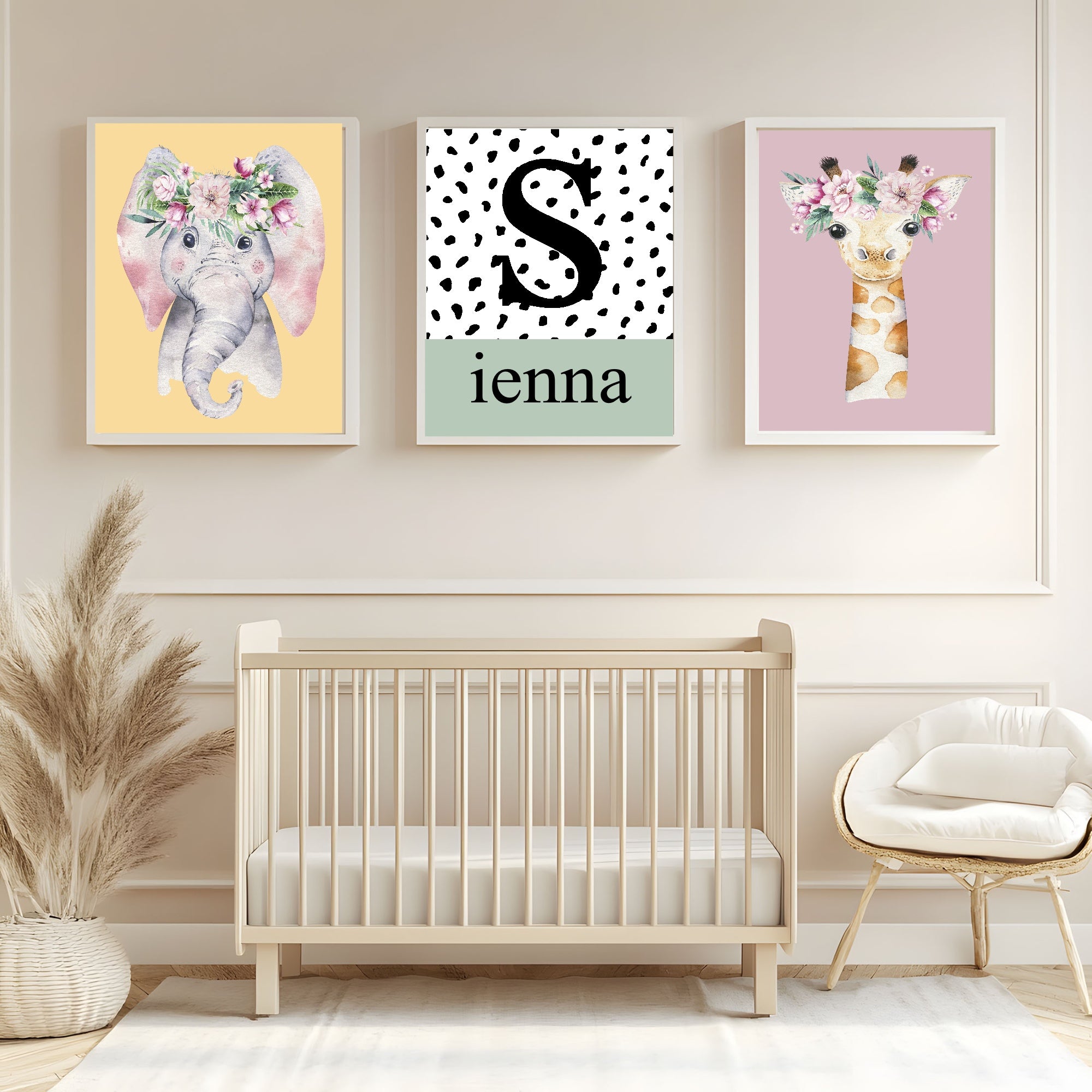 Personalised Set Of 3 Emmie Elephant & Gillie Giraffe Wall Art Prints | Butter Yellow Kids Animal Posters