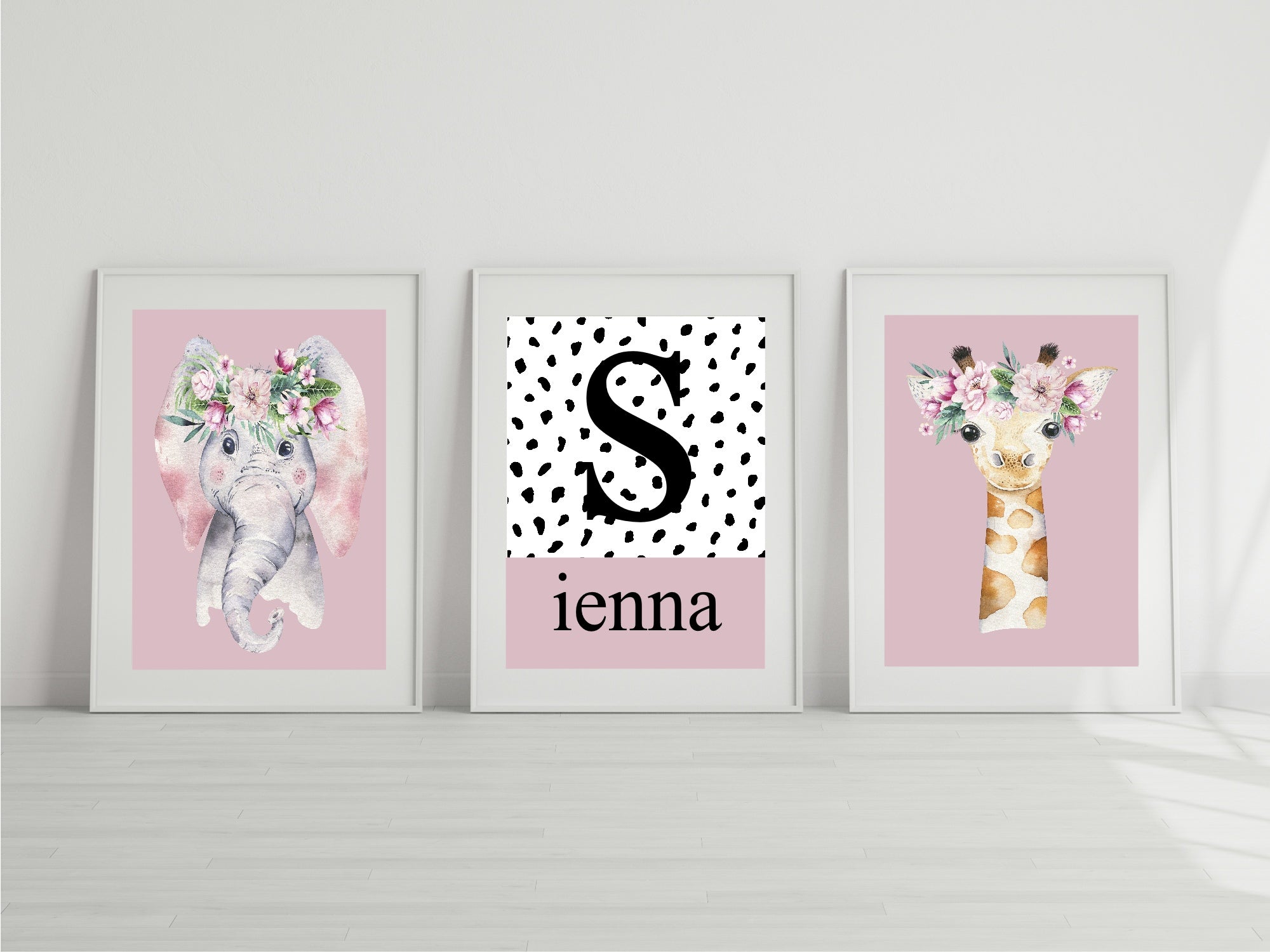 Personalised Set Of 3 Emmie Elephant & Gillie Giraffe Wall Art Prints | Baby Pink Kids Animal Posters