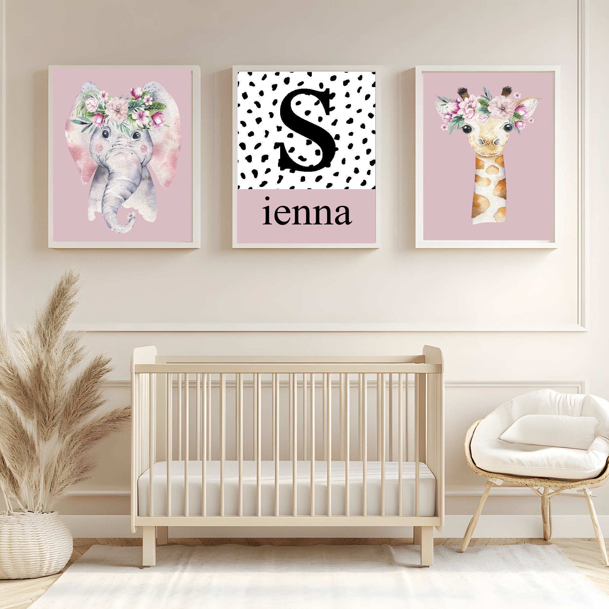 Personalised Set Of 3 Emmie Elephant & Gillie Giraffe Wall Art Prints | Baby Pink Kids Animal Posters