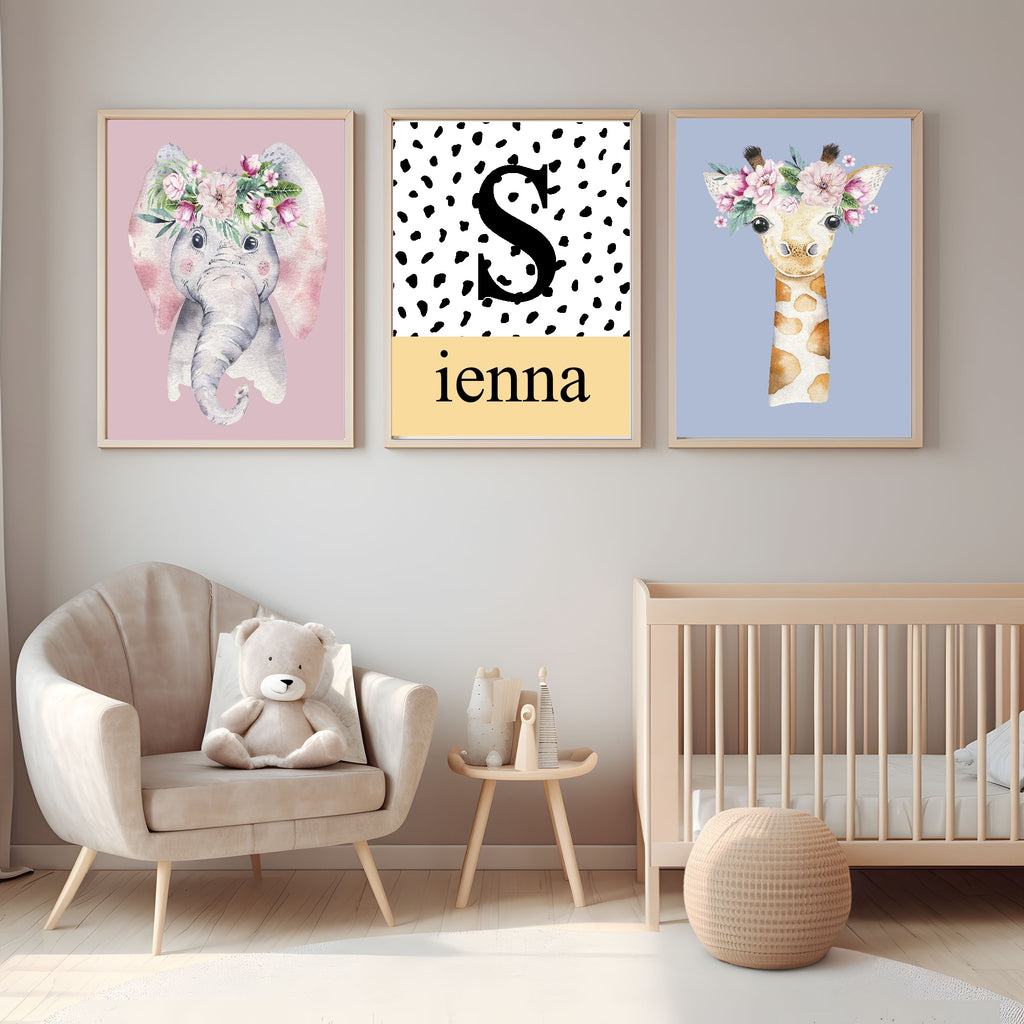 Personalised Set Of 3 Emmie Elephant & Gillie Giraffe Wall Art Prints | Baby Pink Kids Animal Posters