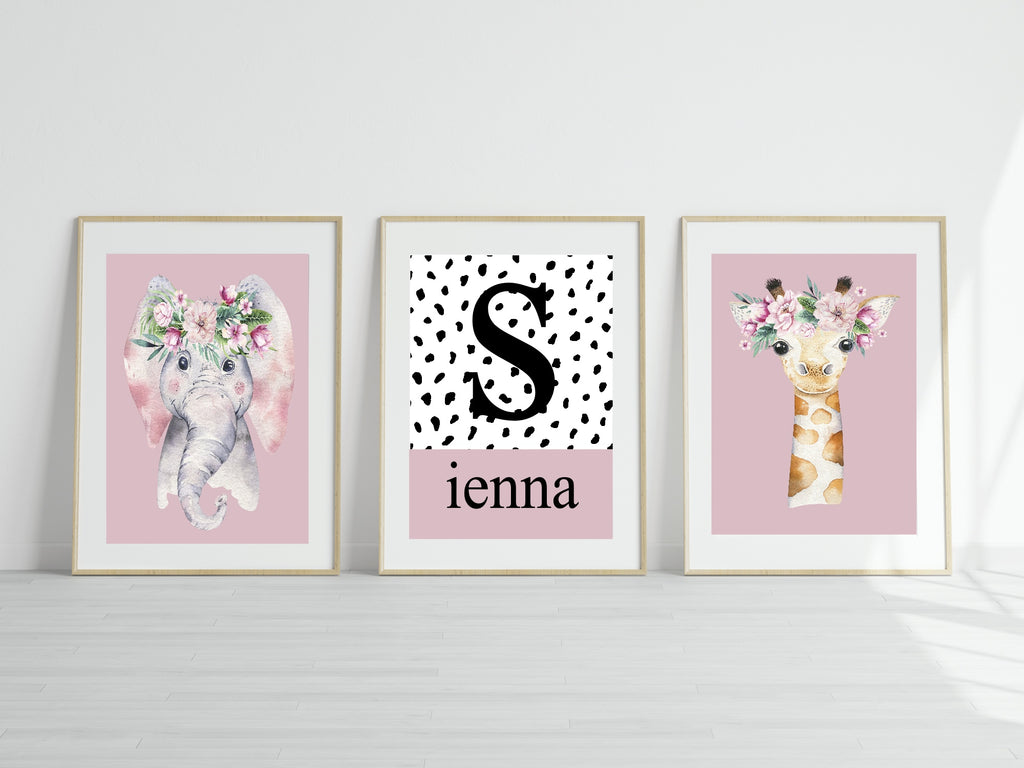 Personalised Set Of 3 Emmie Elephant & Gillie Giraffe Wall Art Prints | Baby Pink Kids Animal Posters