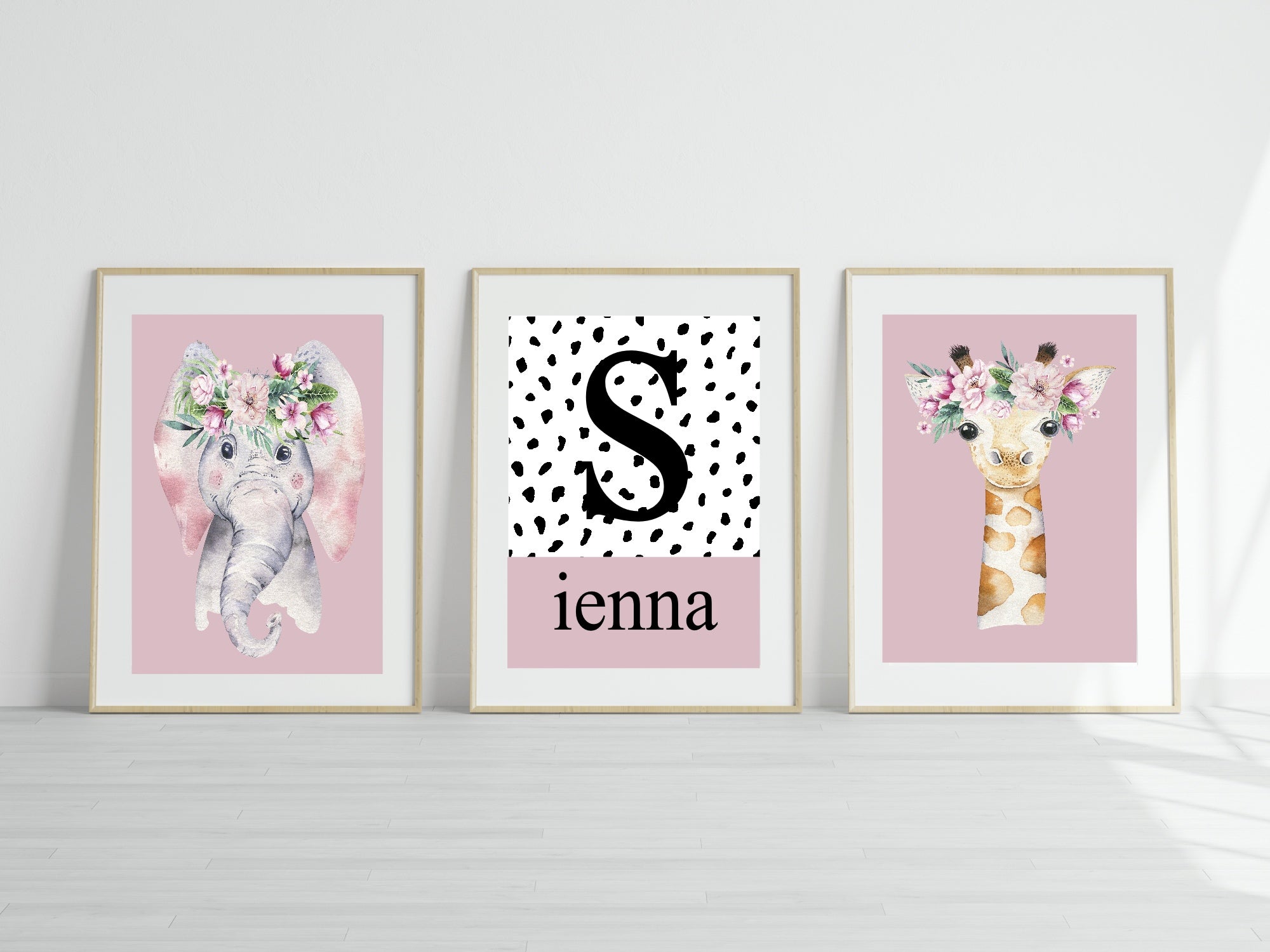 Personalised Set Of 3 Emmie Elephant & Gillie Giraffe Wall Art Prints | Baby Pink Kids Animal Posters
