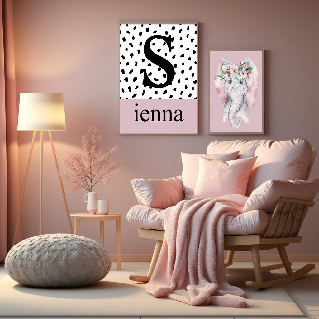 Personalised Set Of 3 Emmie Elephant & Gillie Giraffe Wall Art Prints | Baby Pink Kids Animal Posters