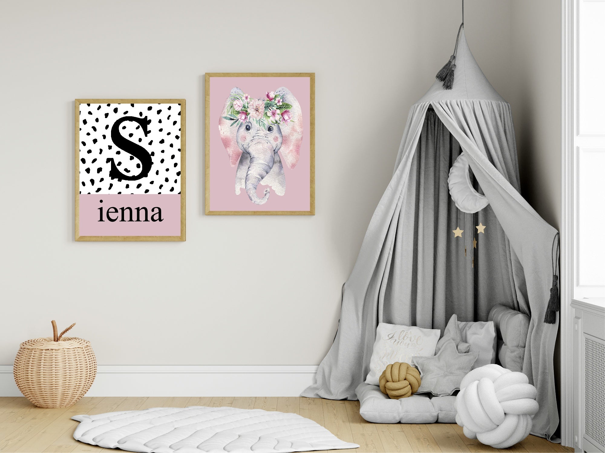 Personalised Set Of 3 Emmie Elephant & Gillie Giraffe Wall Art Prints | Baby Pink Kids Animal Posters