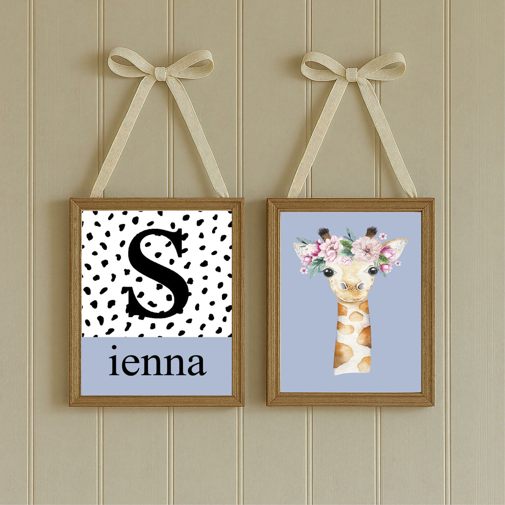 Personalised Set Of 3 Emmie Elephant & Gillie Giraffe Wall Art Prints | Baby Blue Kids Animal Posters
