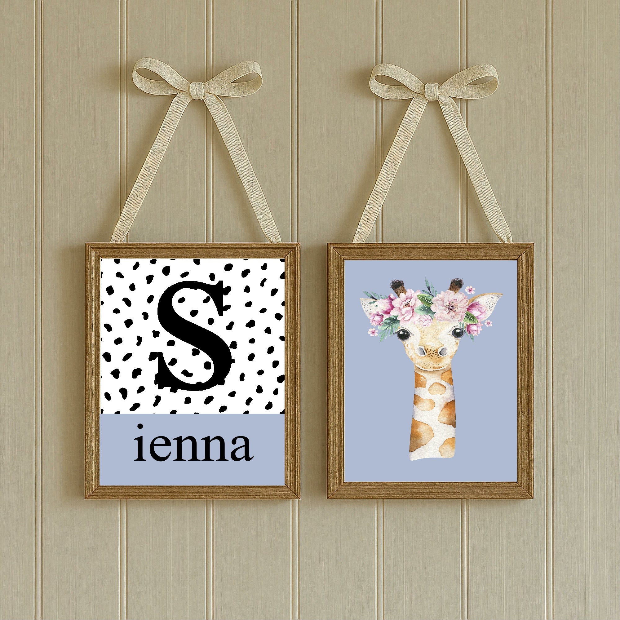 Personalised Set Of 3 Emmie Elephant & Gillie Giraffe Wall Art Prints | Baby Blue Kids Animal Posters