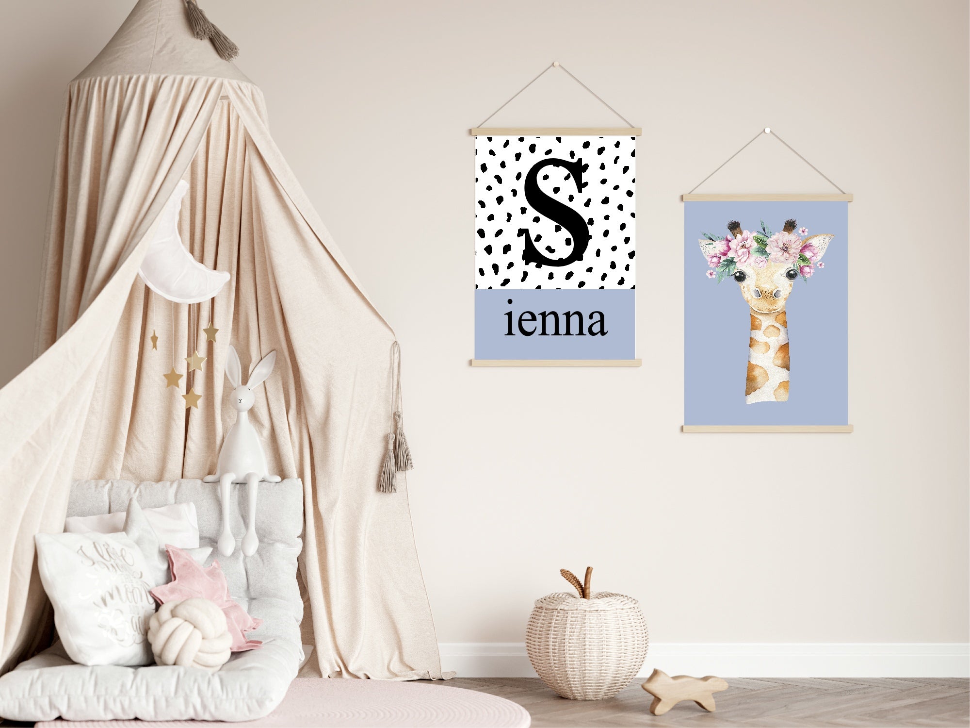 Personalised Set Of 3 Emmie Elephant & Gillie Giraffe Wall Art Prints | Baby Blue Kids Animal Posters