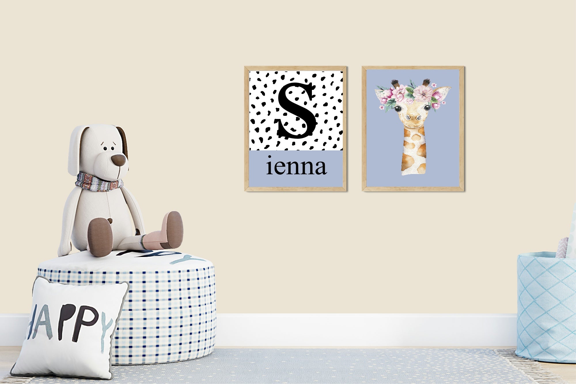 Personalised Set Of 3 Emmie Elephant & Gillie Giraffe Wall Art Prints | Baby Blue Kids Animal Posters