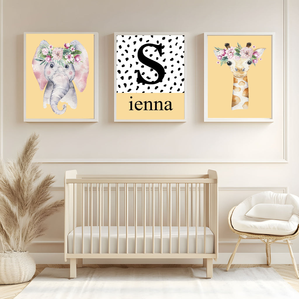 Personalised Set Of 3 Emmie Elephant & Gillie Giraffe Wall Art Prints | Butter Yellow Kids Animal Posters