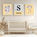 Personalised Set Of 3 Emmie Elephant & Gillie Giraffe Wall Art Prints | Butter Yellow Kids Animal Posters