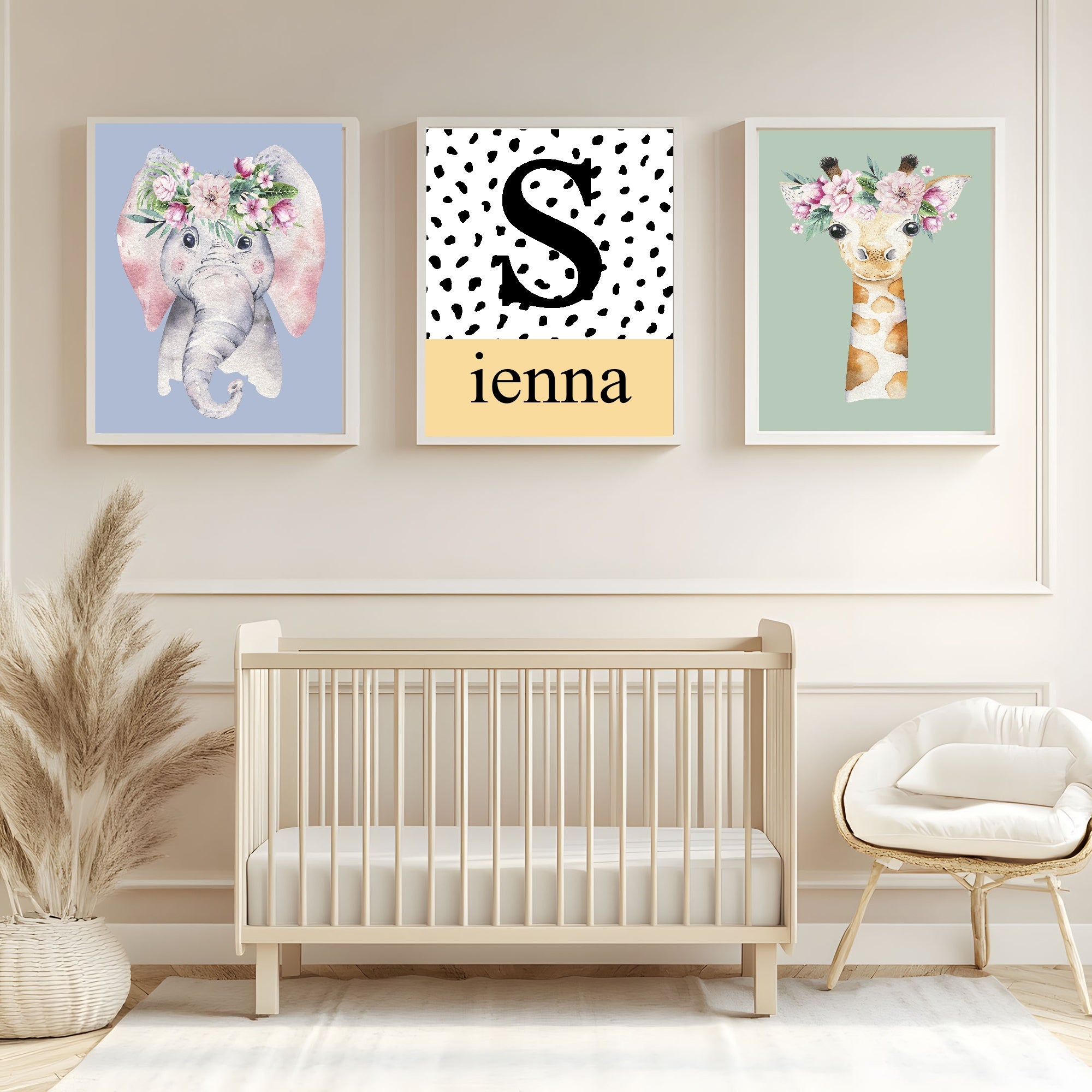 Personalised Set Of 3 Emmie Elephant & Gillie Giraffe Wall Art Prints | Mint Green Kids Animal Posters