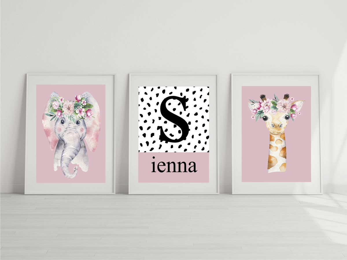 Personalised Emmie & Gillie Set of 3 Kids Prints | Nursery Animal Wall Art