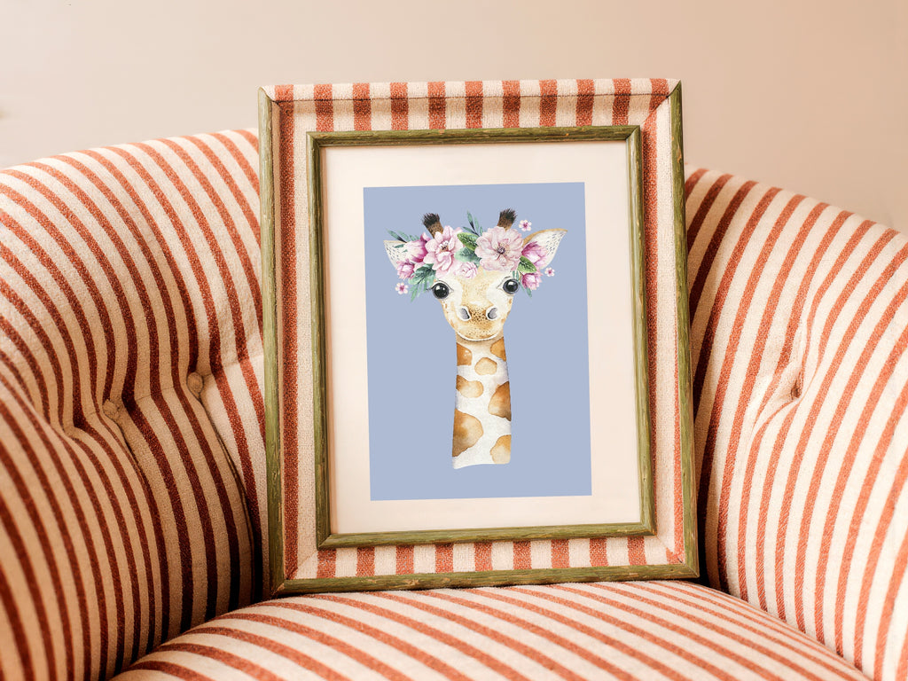 Personalised Set Of 3 Emmie Elephant & Gillie Giraffe Wall Art Prints | Baby Blue Kids Animal Posters