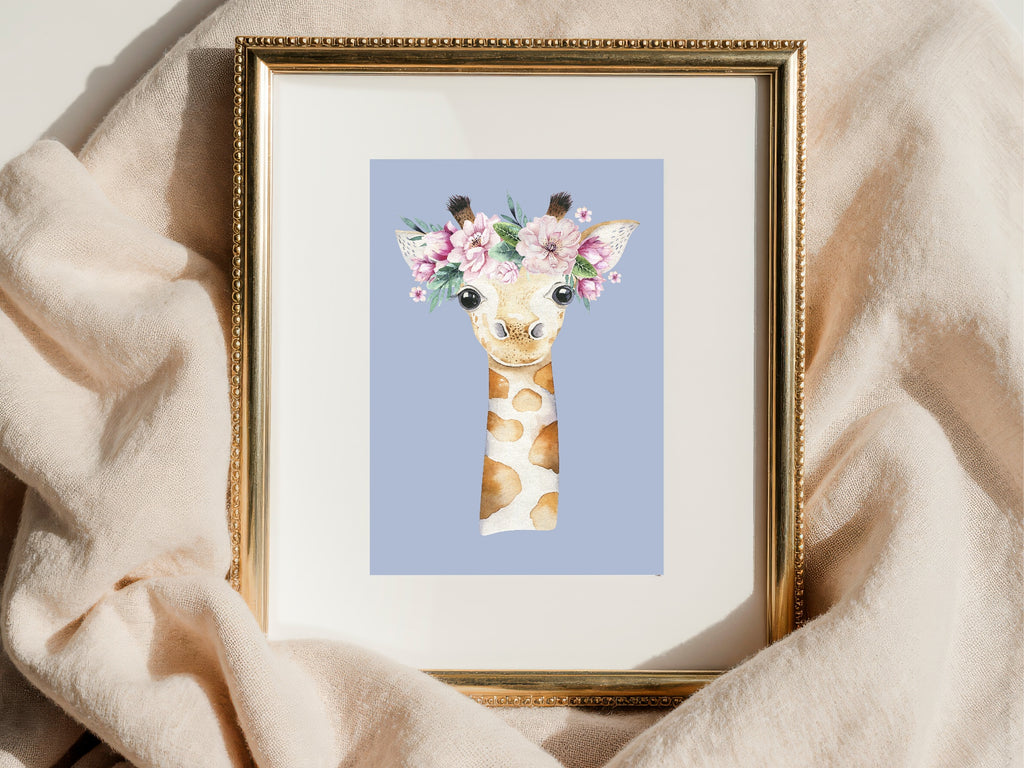 Personalised Set Of 3 Emmie Elephant & Gillie Giraffe Wall Art Prints | Baby Blue Kids Animal Posters