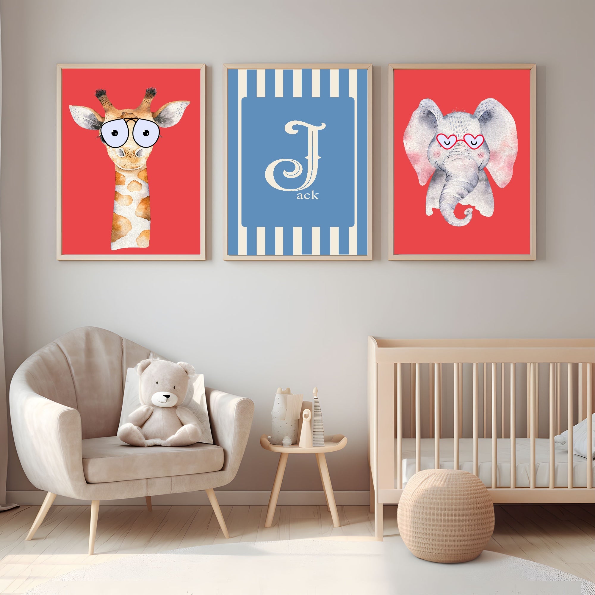 Personalised Set Of 3 Emmie Elephant & Gillie Giraffe In Sunglasses Wall Art Prints | Bright Blue Kids Animal Posters