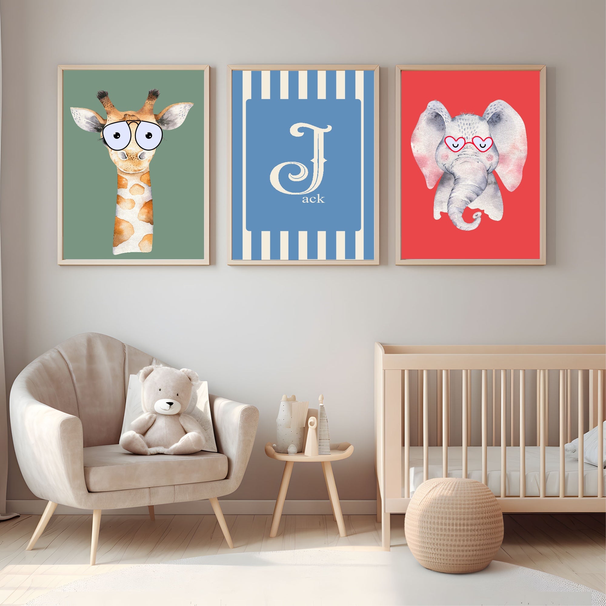 Personalised Set Of 3 Emmie Elephant & Gillie Giraffe In Sunglasses Wall Art Prints | Bright Blue Kids Animal Posters