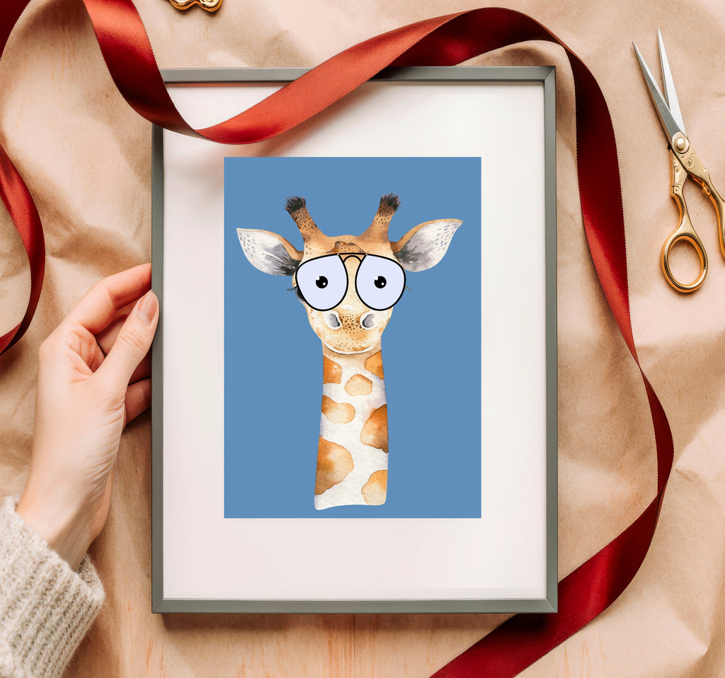 Personalised Set Of 3 Emmie Elephant & Gillie Giraffe In Sunglasses Wall Art Prints | Bright Blue Kids Animal Posters