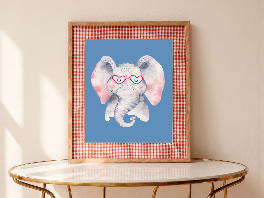 Personalised Set Of 3 Emmie Elephant & Gillie Giraffe In Sunglasses Wall Art Prints | Bright Blue Kids Animal Posters