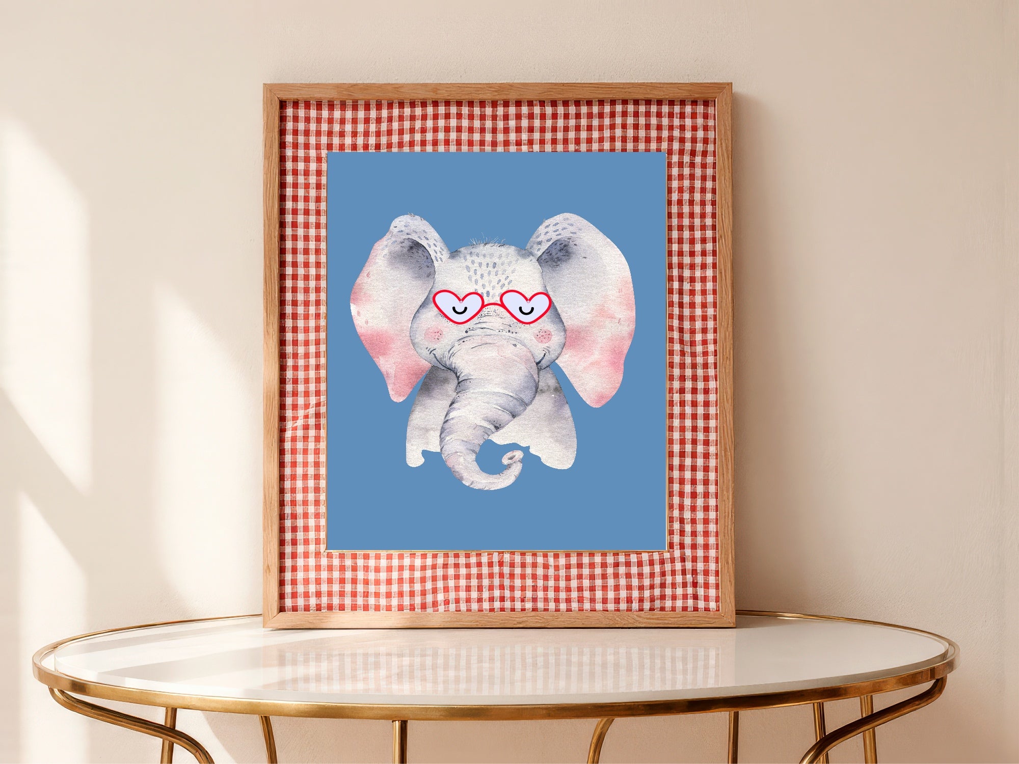 Personalised Set Of 3 Emmie Elephant & Gillie Giraffe In Sunglasses Wall Art Prints | Bright Blue Kids Animal Posters