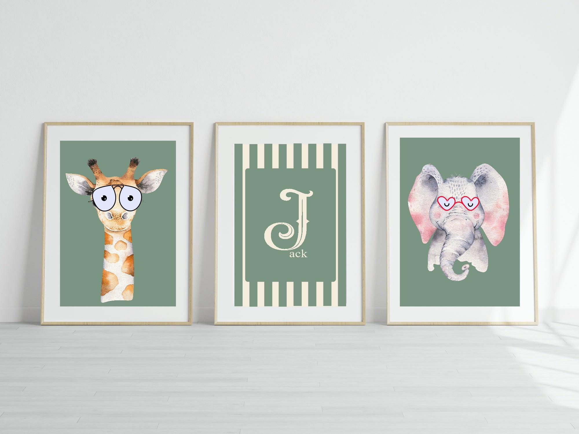 Personalised Set Of 3 Emmie Elephant & Gillie Giraffe In Sunglasses Wall Art Prints | Green Kids Animal Posters