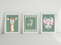 Personalised Set Of 3 Emmie Elephant & Gillie Giraffe In Sunglasses Wall Art Prints | Green Kids Animal Posters