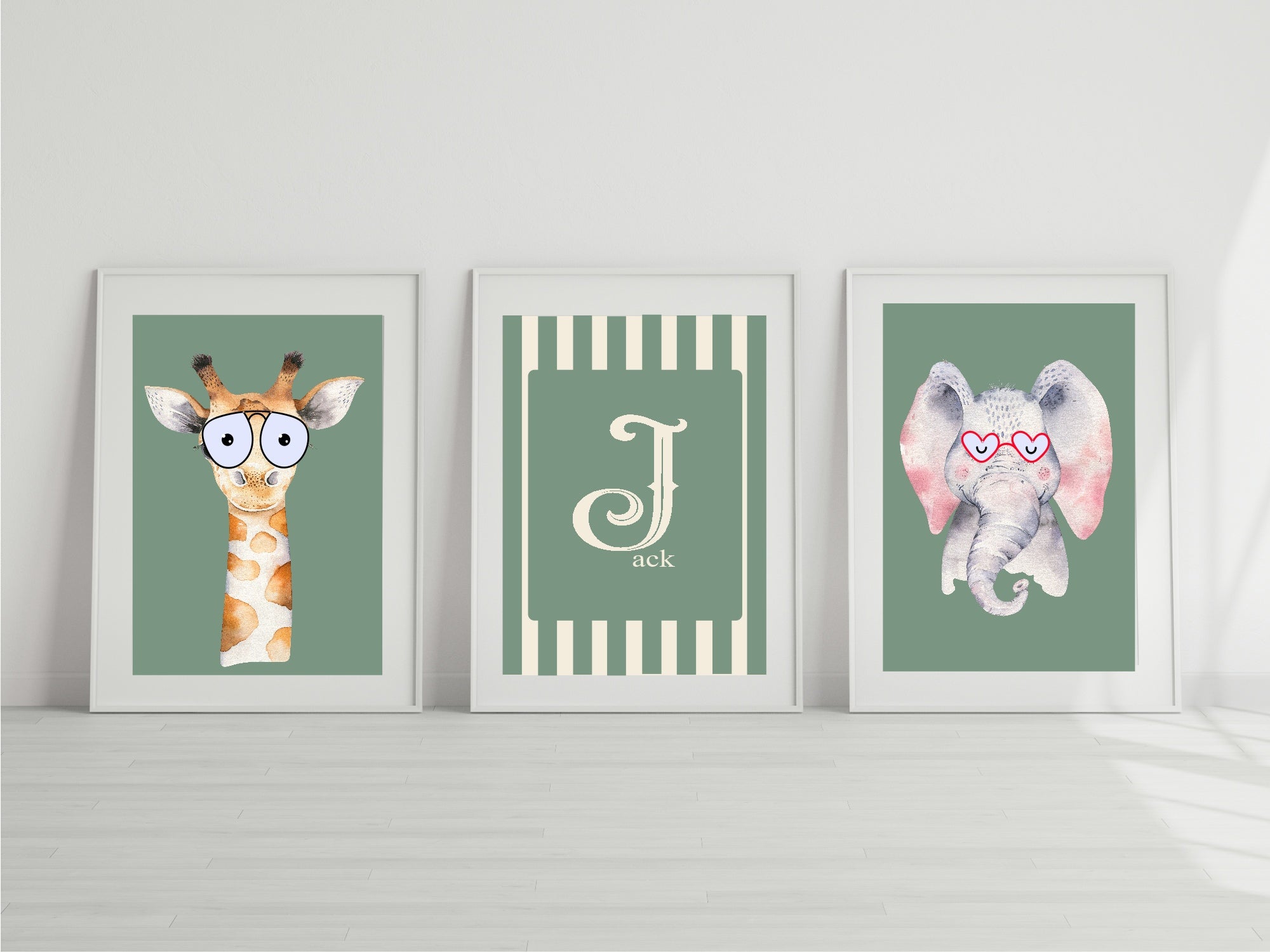 Personalised Set Of 3 Emmie Elephant & Gillie Giraffe In Sunglasses Wall Art Prints | Green Kids Animal Posters