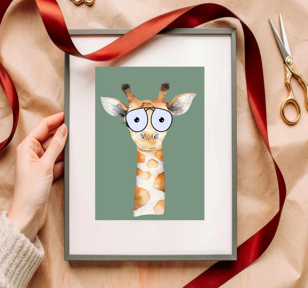 Personalised Set Of 3 Emmie Elephant & Gillie Giraffe In Sunglasses Wall Art Prints | Green Kids Animal Posters