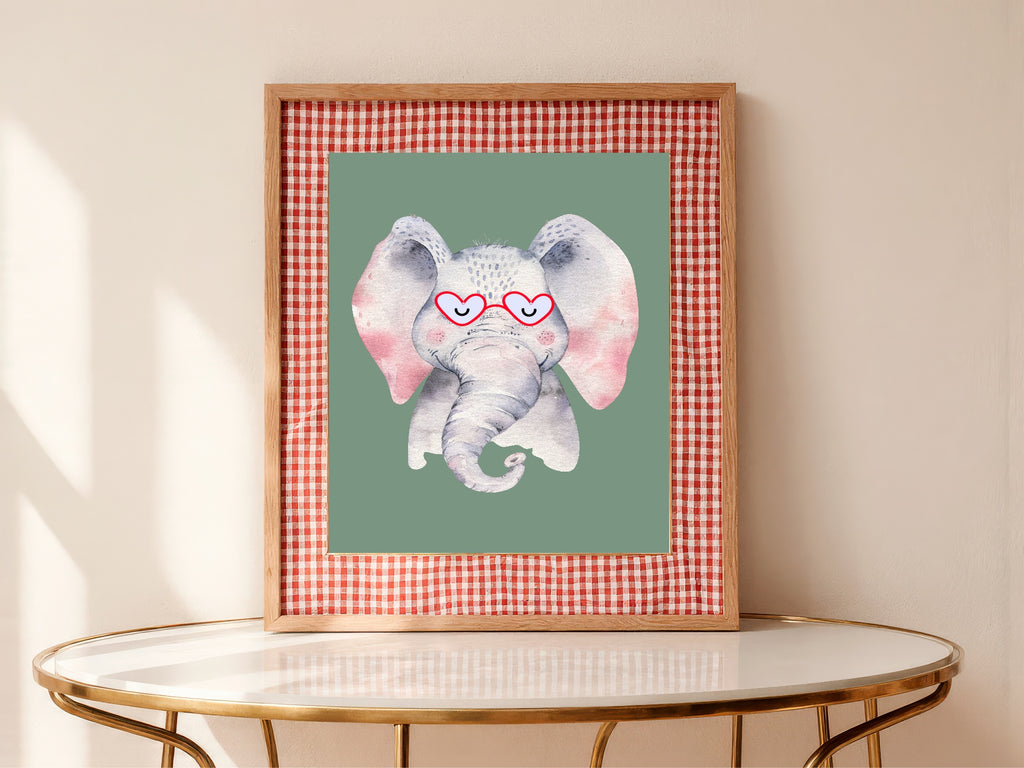 Personalised Set Of 3 Emmie Elephant & Gillie Giraffe In Sunglasses Wall Art Prints | Green Kids Animal Posters