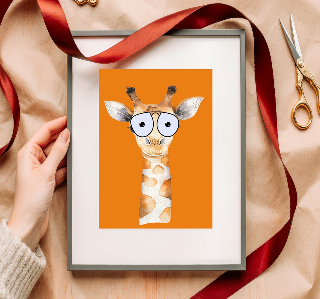 Personalised Set Of 3 Emmie Elephant & Gillie Giraffe In Sunglasses Wall Art Prints | Orange Kids Animal Posters