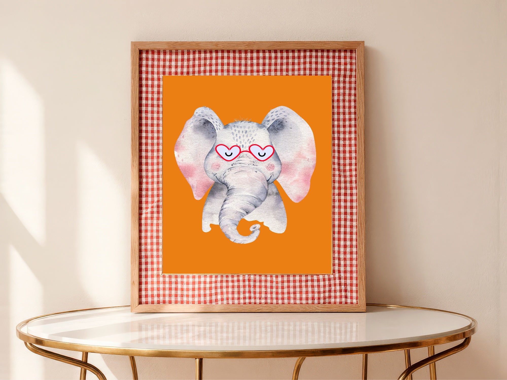 Personalised Set Of 3 Emmie Elephant & Gillie Giraffe In Sunglasses Wall Art Prints | Orange Kids Animal Posters