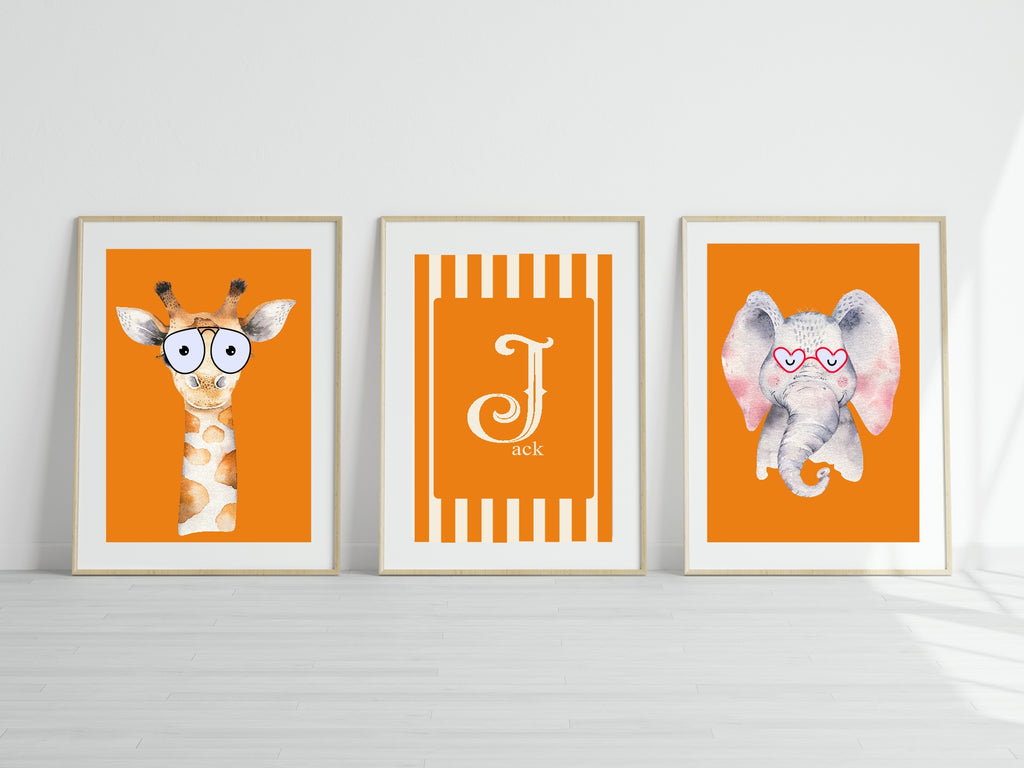 Personalised Set Of 3 Emmie Elephant & Gillie Giraffe In Sunglasses Wall Art Prints | Orange Kids Animal Posters