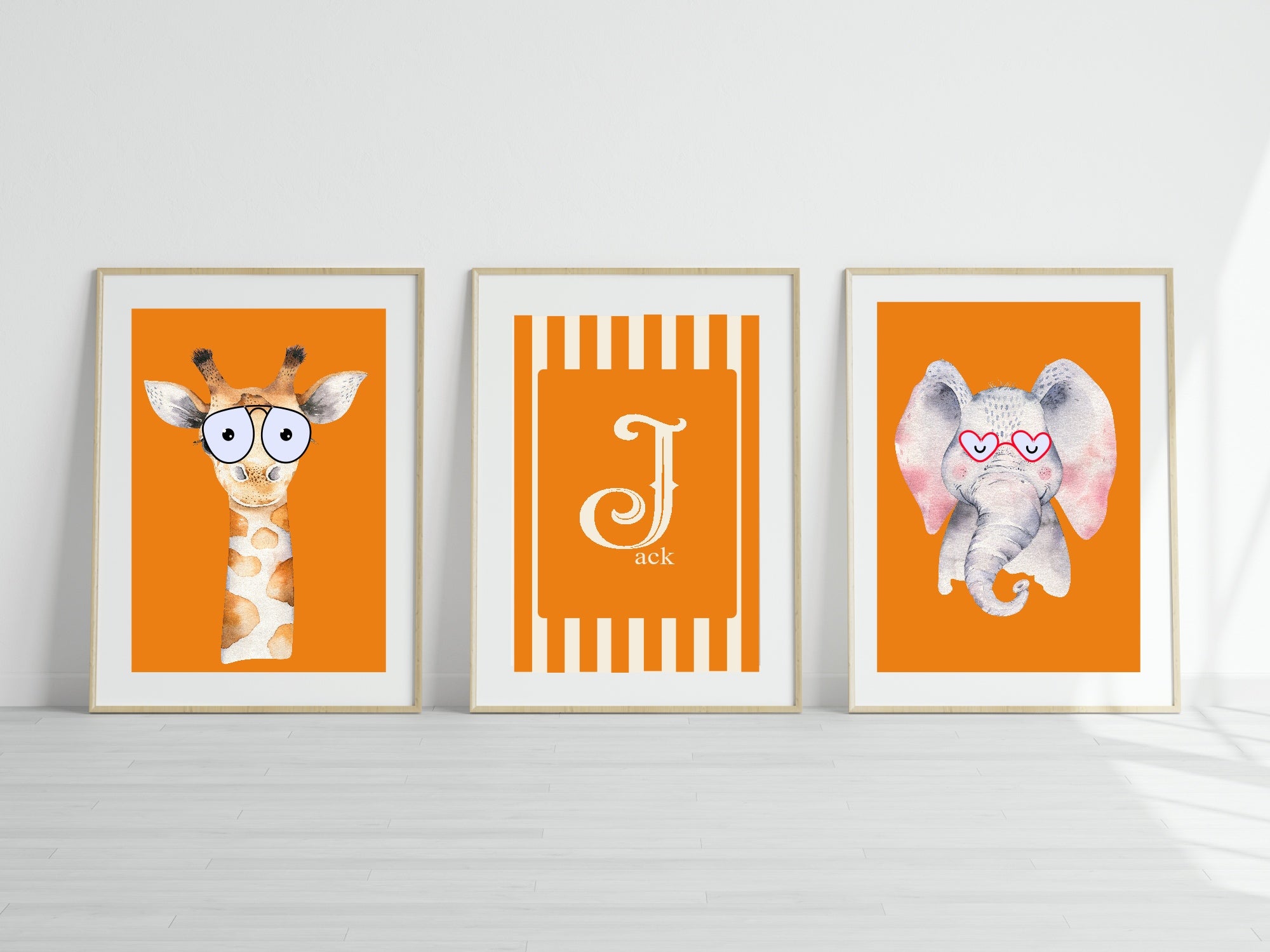 Personalised Set Of 3 Emmie Elephant & Gillie Giraffe In Sunglasses Wall Art Prints | Orange Kids Animal Posters
